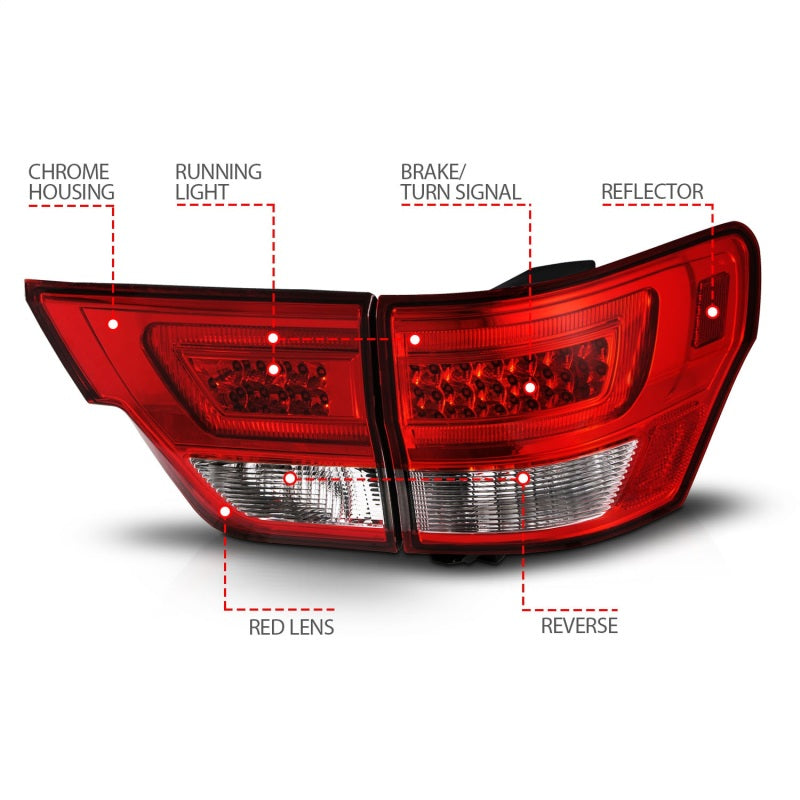 Load image into Gallery viewer, ANZO 11-13 Jeep Grand Cherokee LED Taillights w/ Lightbar Chrome Housing Red/Clear Lens 4pcs

