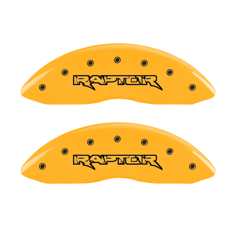 Load image into Gallery viewer, MGP 4 Caliper Covers Engraved Front &amp; Rear Raptor Yellow Finish Black Char 2011 Ford F-150
