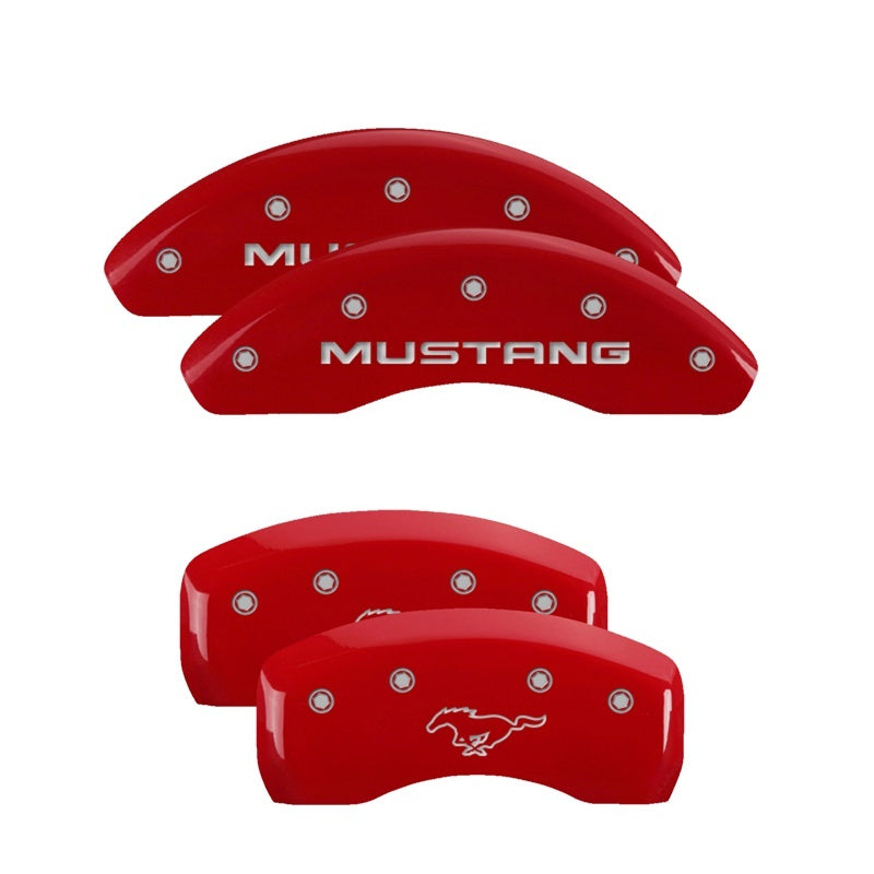 Load image into Gallery viewer, MGP 4 Caliper Covers Engraved Front Mustang Engraved Rear Pony Red finish silver ch
