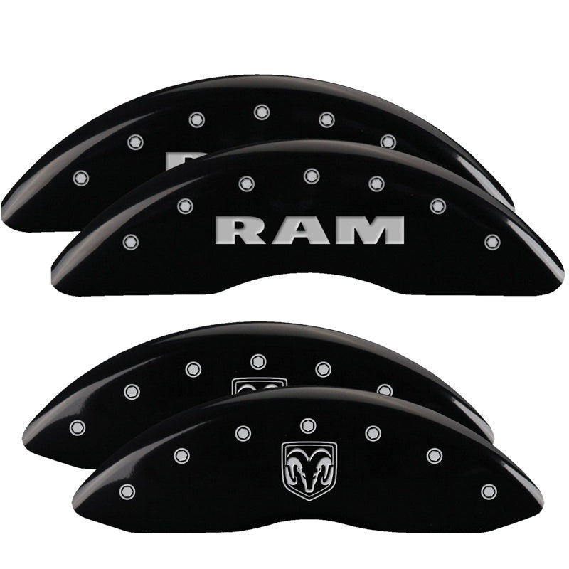 Load image into Gallery viewer, MGP 4 Caliper Covers Engraved Front RAM Engraved Rear RAMHEAD Black finish silver ch
