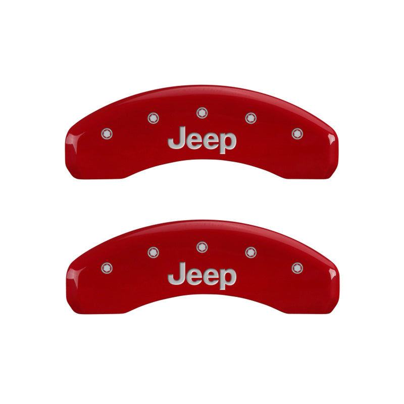 Load image into Gallery viewer, MGP 4 Caliper Covers Engraved Front &amp; Rear JEEP Red finish silver ch
