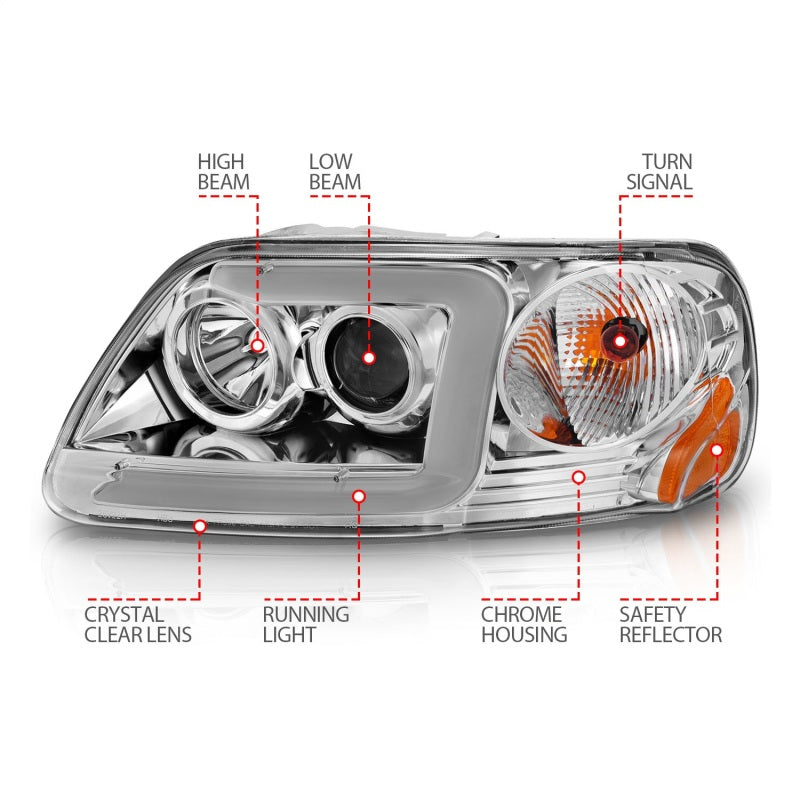 Load image into Gallery viewer, ANZO 1997-2003 Ford F-150 Projector Headlights w/ Light Bar Chrome Housing
