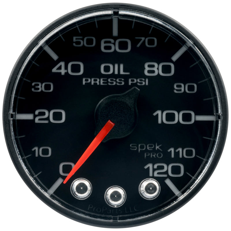 Load image into Gallery viewer, Autometer Spek-Pro Gauge Oil Press 2 1/16in 120psi Stepper Motor W/Peak &amp; Warn Blk/Blk
