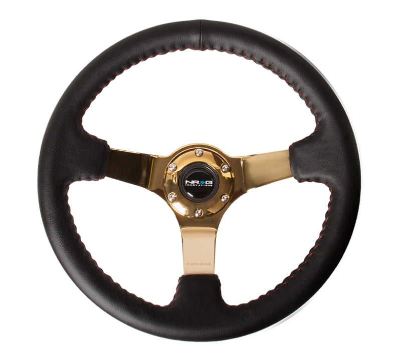 Load image into Gallery viewer, NRG Reinforced Steering Wheel (350mm / 3in. Deep) Blk Leather/Red BBall Stitch w/4mm Gold Spokes
