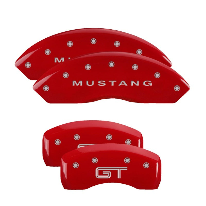 Load image into Gallery viewer, MGP 4 Caliper Covers Engraved Front Mustang Engraved Rear S197/GT Red finish silver ch
