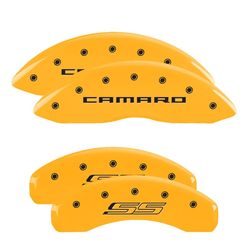Load image into Gallery viewer, MGP 4 Caliper Covers Engraved Front Gen 5/Camaro Engraved Rear Gen 5/SS Yellow finish black ch
