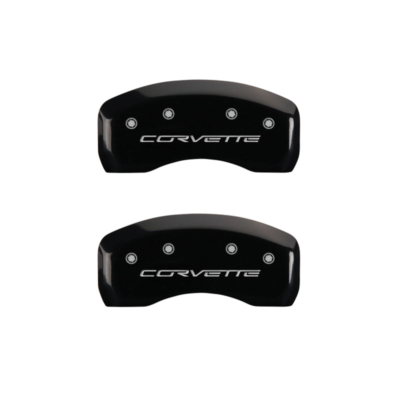 Load image into Gallery viewer, MGP 4 Caliper Covers Engraved Front &amp; Rear C6/Corvette Black finish silver ch
