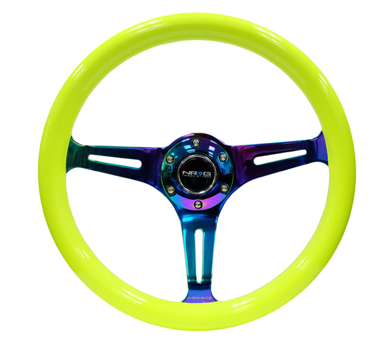 Load image into Gallery viewer, NRG Classic Wood Grain Steering Wheel (350mm) Neon Yellow Color w/Neochrome Spokes
