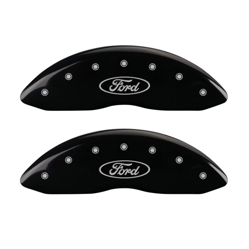 Load image into Gallery viewer, MGP 4 Caliper Covers Engraved Front &amp; Rear Oval logo/Ford Black finish silver ch
