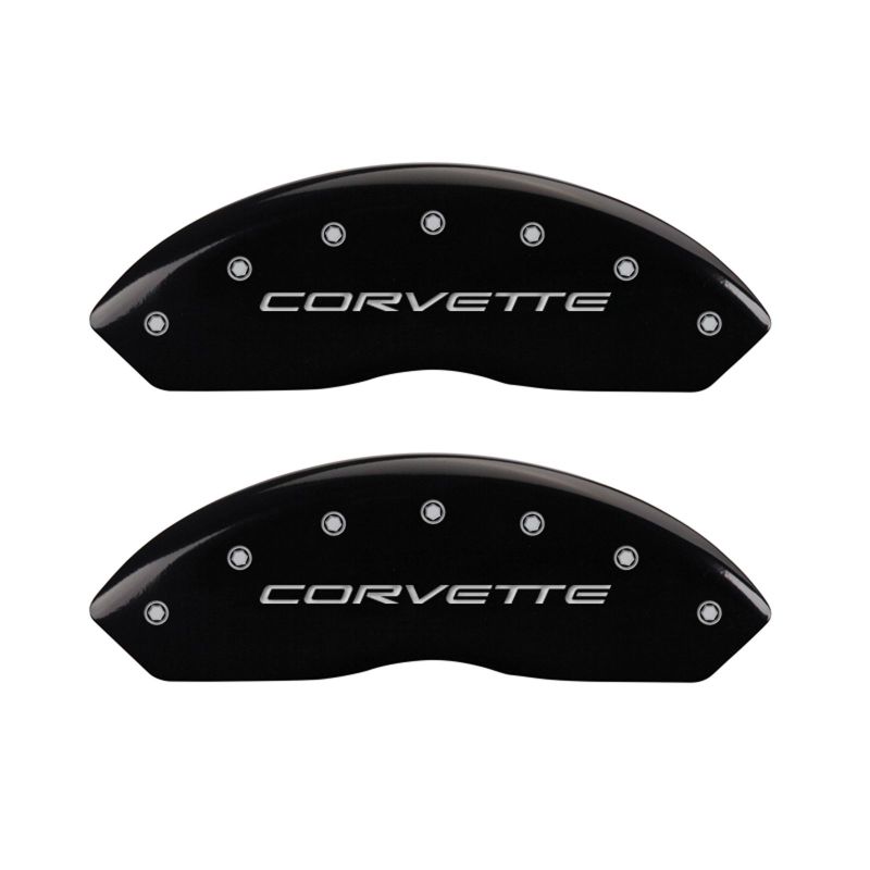 Load image into Gallery viewer, MGP 4 Caliper Covers Engraved Front C5/Corvette Engraved Rear C5/Z06 Black finish silver ch
