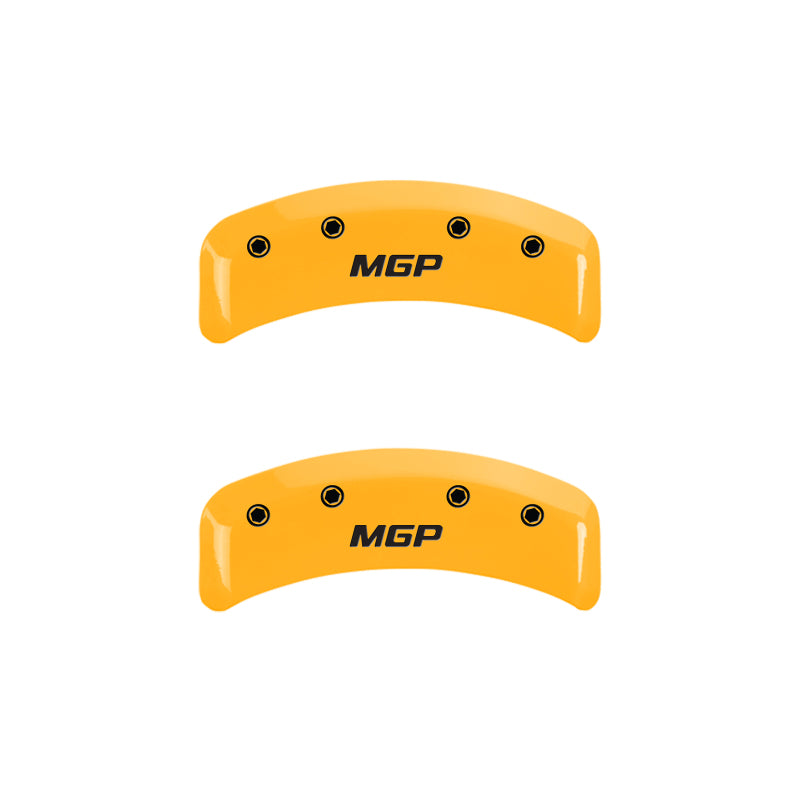Load image into Gallery viewer, MGP 4 Caliper Covers Engraved Front &amp; Rear MGP Yellow Finish Black Char 2001 Ford Mustang
