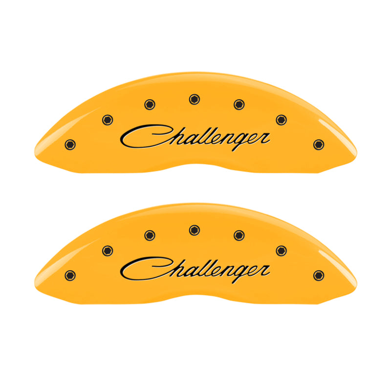 Load image into Gallery viewer, MGP 4 Caliper Covers Engraved Front &amp; Rear Cursive/Challenger Yellow finish black ch
