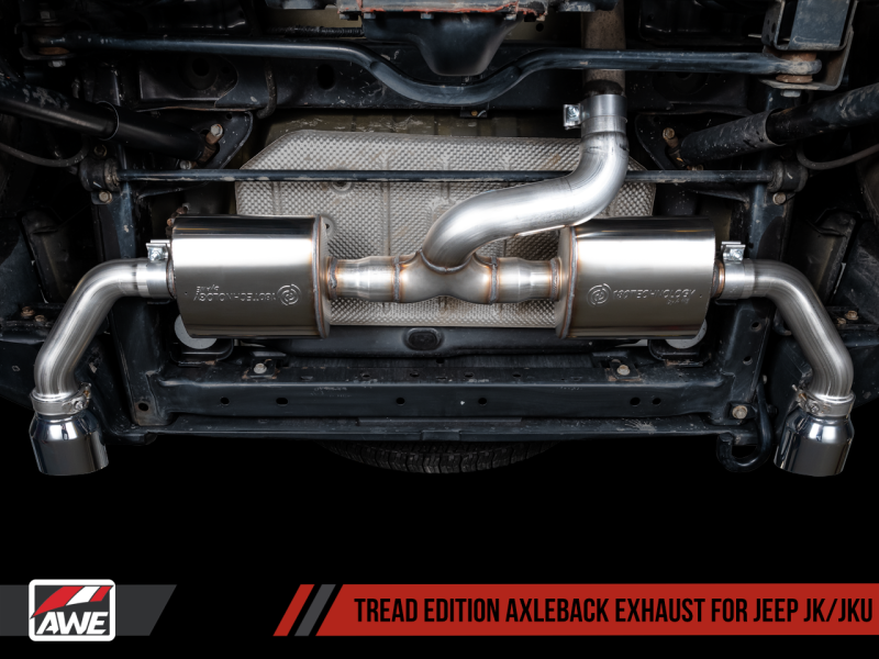 Load image into Gallery viewer, AWE Tuning 07-18 Jeep Wrangler JK/JKU 3.6L Tread Edition Axle-Back Dual Exhaust - Chrome Silver Tips
