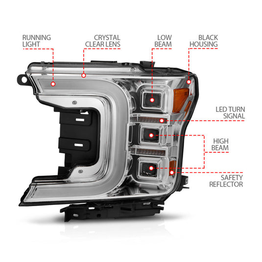 ANZO 18-20 Ford F-150 Full Led Projector Light Bar Style Headlights - Chrome Amber