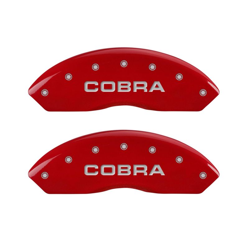Load image into Gallery viewer, MGP 4 Caliper Covers Engraved Front Cobra Engraved Rear Snake Red finish silver ch
