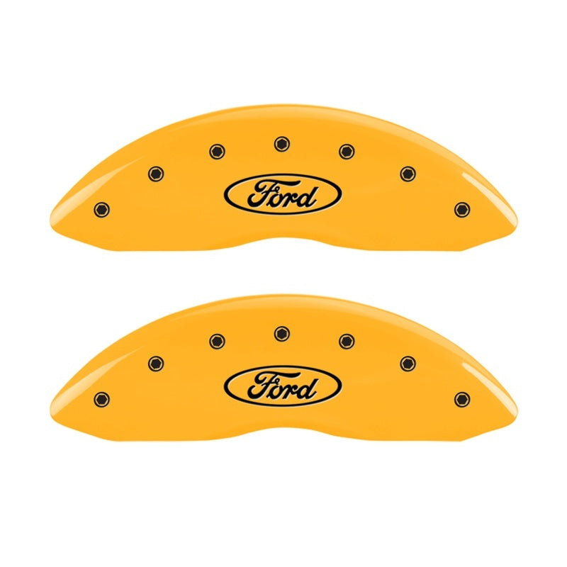 Load image into Gallery viewer, MGP Front set 2 Caliper Covers Engraved Front Oval logo/Ford Yellow finish black ch
