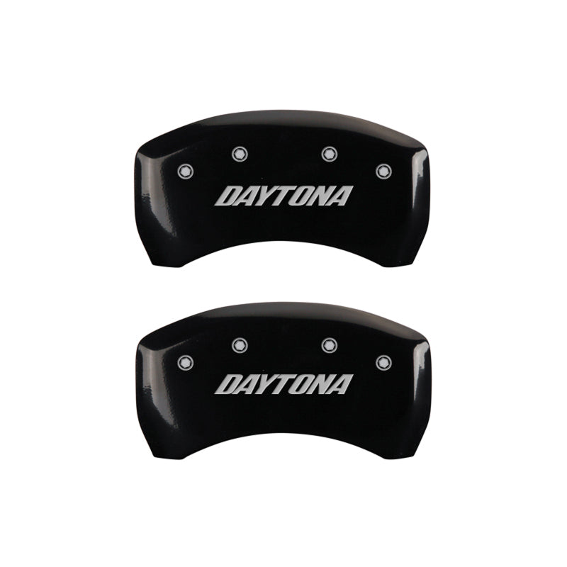 Load image into Gallery viewer, MGP 4 Caliper Covers Engraved Front &amp; Rear Daytona Black finish silver ch
