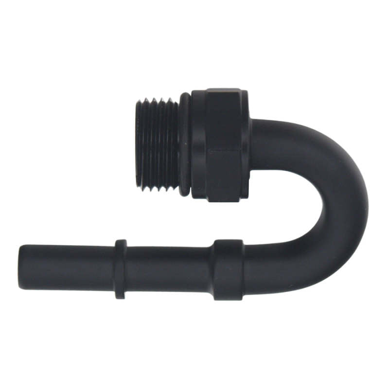 Load image into Gallery viewer, DeatschWerks 8AN ORB Male to 3/8in Male EFI Quick Connect Adapter 180-Degree - Anodized Matte Black
