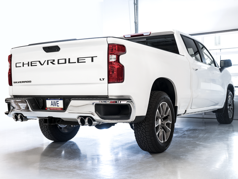 Load image into Gallery viewer, AWE Tuning 4th Gen GM 1500 5.3L 0FG Cat-Back Split Rear Exit (w/ Bumper Cutouts) - Quad Chrome Tips
