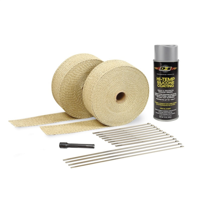 Load image into Gallery viewer, DEI Exhaust Wrap Kit - Tan Wrap &amp; Aluminum HT Silicone Coating (Aerosol)

