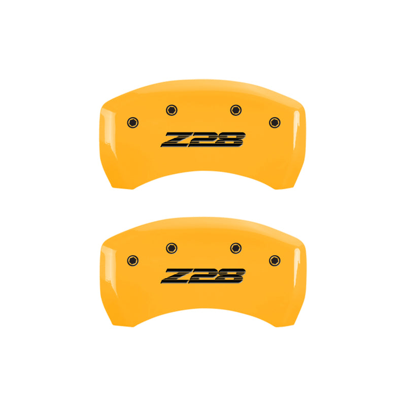 Load image into Gallery viewer, MGP 4 Caliper Covers Engraved Front Camaro Rear Z28 Yellow Finish Black Char 2000 Chevy Camaro
