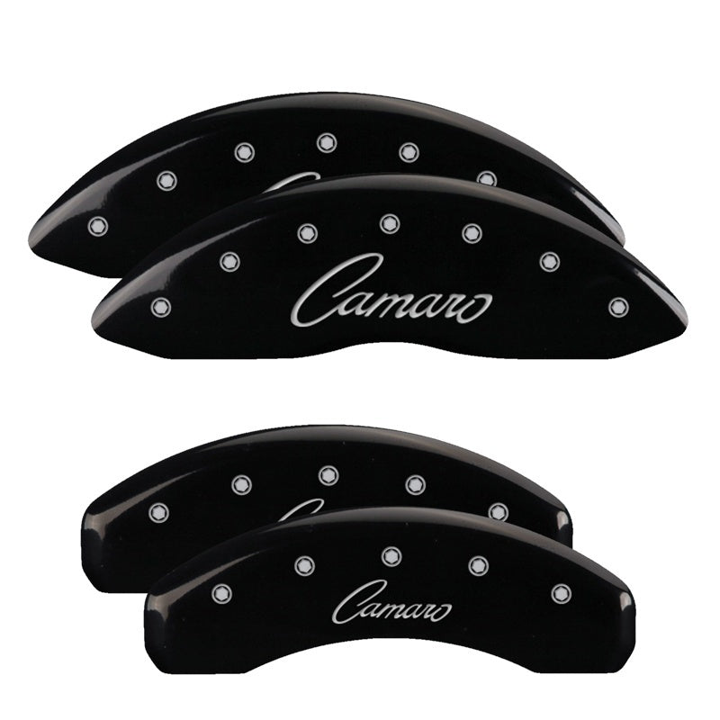 Load image into Gallery viewer, MGP 4 Caliper Covers Engraved Front &amp; Rear Cursive/Camaro Black finish silver ch
