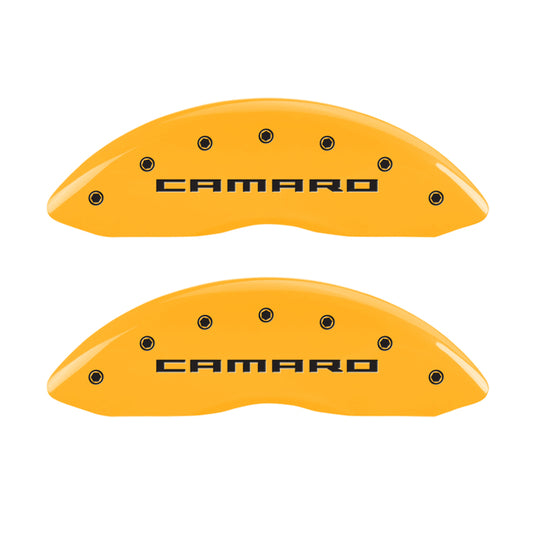 MGP 4 Caliper Covers Engraved Front Gen 5/Camaro Engraved Rear Gen 5/Z28 Yellow finish black ch