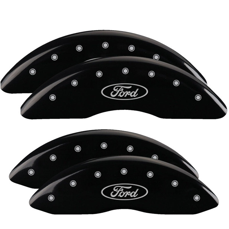 Load image into Gallery viewer, MGP 4 Caliper Covers Engraved Front &amp; Rear Oval logo/Ford Black finish silver ch
