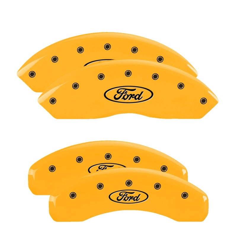 Load image into Gallery viewer, MGP 4 Caliper Covers Engraved Front &amp; Rear SVT Yellow Finish Black Char 2003 Ford Mustang
