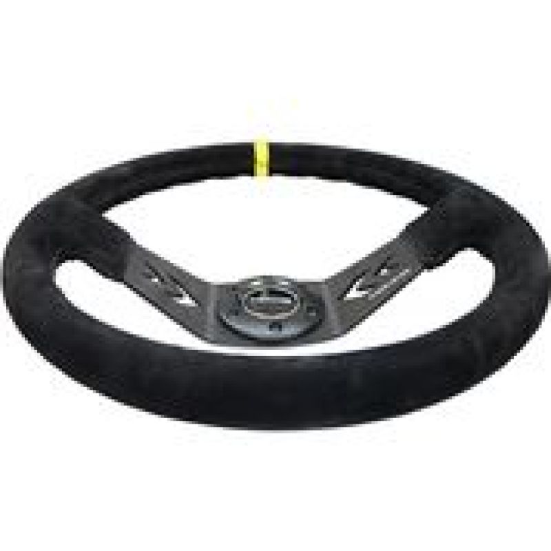 Load image into Gallery viewer, NRG Reinforced Steering Wheel (350mm / 3in. Deep) Blk Suede w/NRG Arrow Cut 2-Spoke &amp; Yellow Mark
