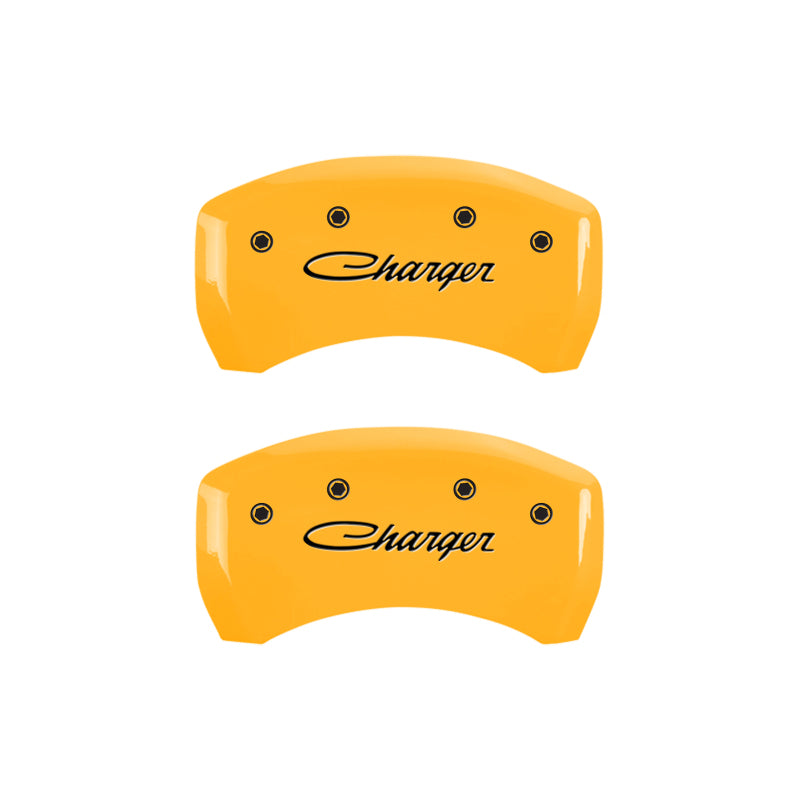 Load image into Gallery viewer, MGP 4 Caliper Covers Engraved Front &amp; Rear Cursive/Charger Yellow finish black ch
