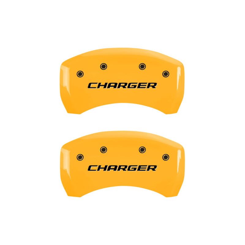 Load image into Gallery viewer, MGP 4 Caliper Covers Engraved Front &amp; Rear Block/Charger Yellow Finish Black Char 2006 Dodge Charger
