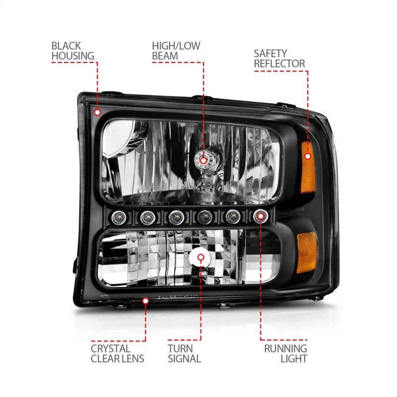 Load image into Gallery viewer, ANZO 2000-2004 Ford Excursion Crystal Headlights Black w/ LED 1pc
