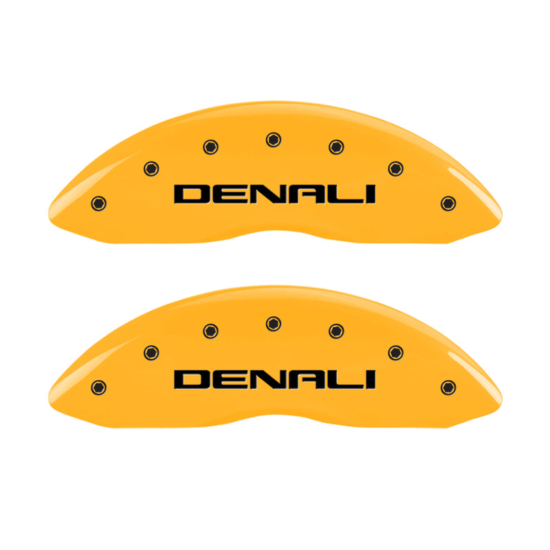 Load image into Gallery viewer, MGP 4 Caliper Covers Engraved Front &amp; Rear Denali Yellow finish black ch
