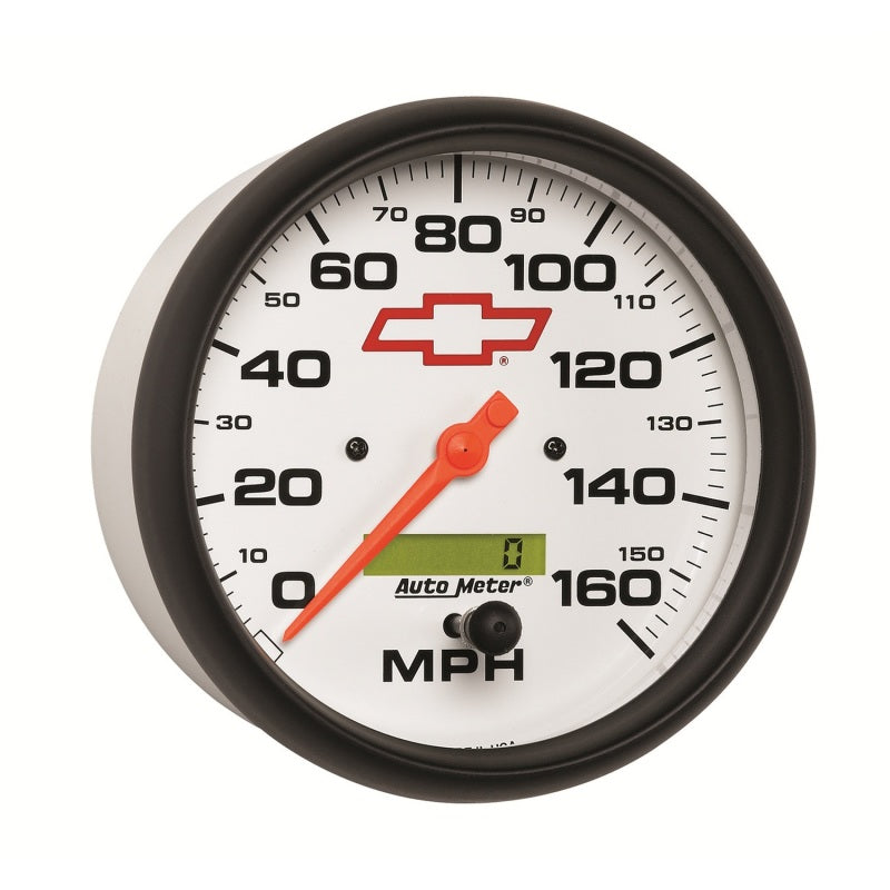 Load image into Gallery viewer, AutoMeter Gauge Speedometer 5in. 160MPH Elec. Programmable Chevy Red Bowtie White
