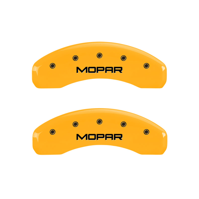 Load image into Gallery viewer, MGP 4 Caliper Covers Engraved Front &amp; Rear MOPAR Yellow finish black ch
