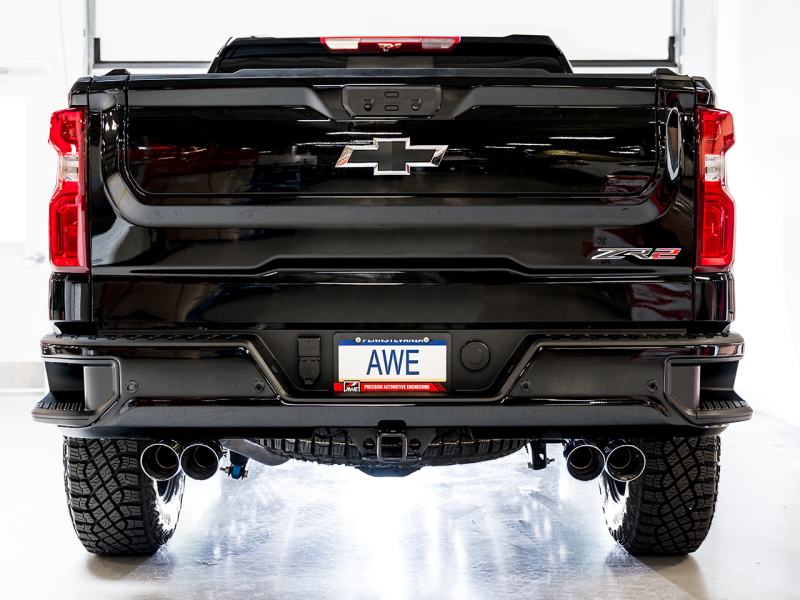 Load image into Gallery viewer, AWE Tuning 22-23 GMC Sierra 1500 AT4X 6.2L 0FG Catback Split Dual (Flat Bumper) - Chrome Silver Tips
