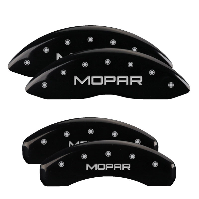 Load image into Gallery viewer, MGP 4 Caliper Covers Engraved Front &amp; Rear MOPAR Black finish silver ch
