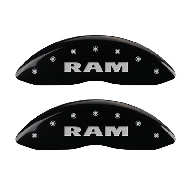 Load image into Gallery viewer, MGP 4 Caliper Covers Engraved Front RAM Engraved Rear RAMHEAD Black finish silver ch

