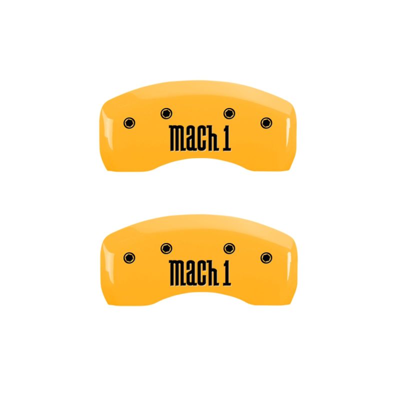 Load image into Gallery viewer, MGP 4 Caliper Covers Engraved Front &amp; Rear Mach 1 Yellow Finish Black Char 2004 Ford Mustang
