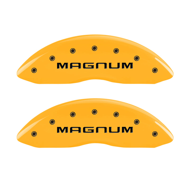 Load image into Gallery viewer, MGP 4 Caliper Covers Engraved Front &amp; Rear Magnum Yellow Finish Black Char 2006 Dodge Charger
