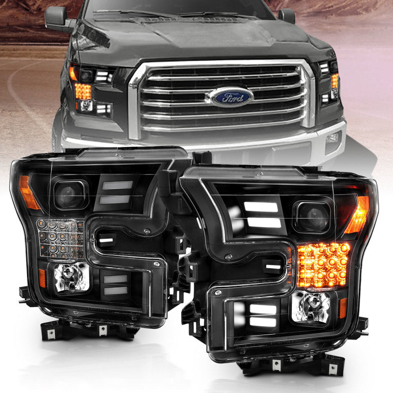 Load image into Gallery viewer, ANZO 15-17 Ford F-150 Project Headlights w/ Plank Style Design Black w/ Amber Sequential Turn Signal
