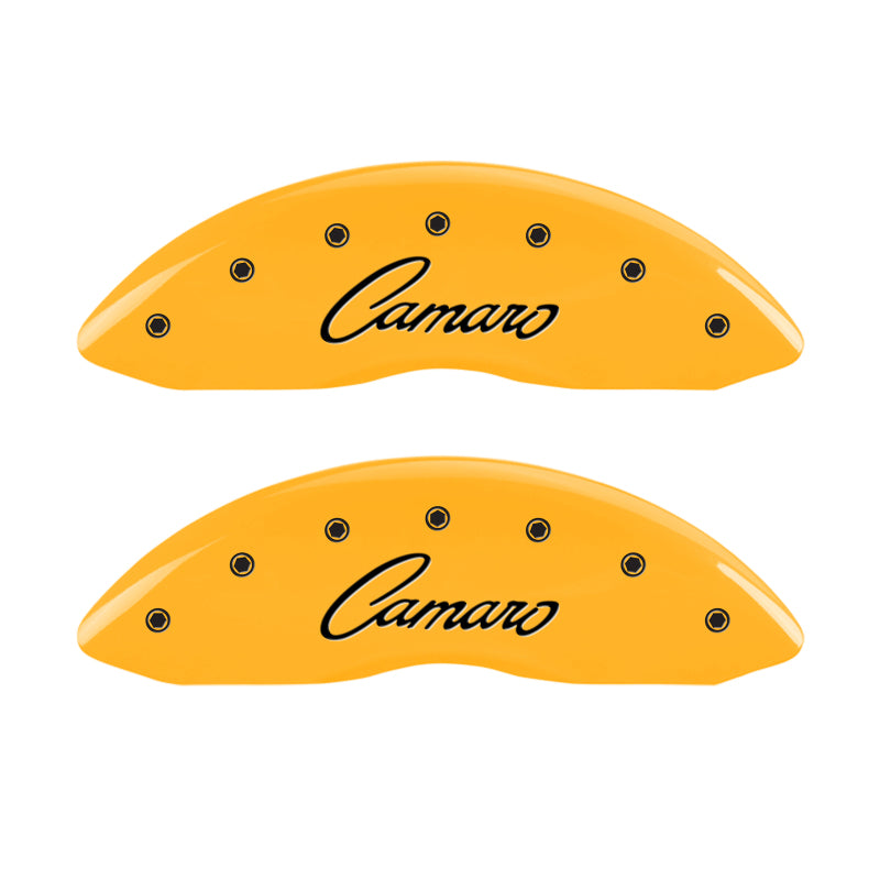 Load image into Gallery viewer, MGP 4 Caliper Covers Engraved Front &amp; Rear Cursive/Camaro Yellow finish black ch
