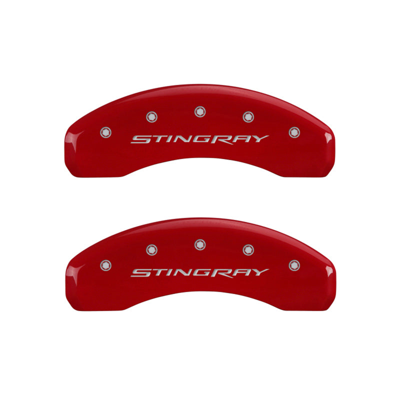 Load image into Gallery viewer, MGP 4 Caliper Covers Engraved Front &amp; Rear Stingray Red finish silver ch
