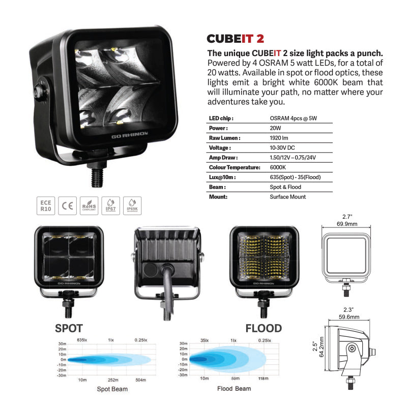 Load image into Gallery viewer, Go Rhino Xplor Blackout Series Cube LED Flood Light Kit (Surface/Threaded Stud Mnt) 2x2 - Blk (Pair)
