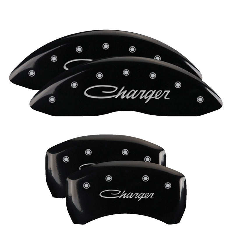 Load image into Gallery viewer, MGP 4 Caliper Covers Engraved Front &amp; Rear Cursive/Charger Black finish silver ch
