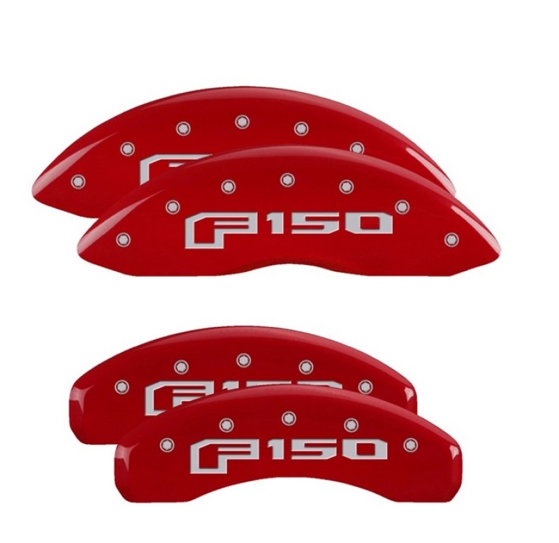 Load image into Gallery viewer, MGP 4 Caliper Covers Engraved Front &amp; Rear F-150 Logo Red Finish Silver Char 2021 Ford F-150
