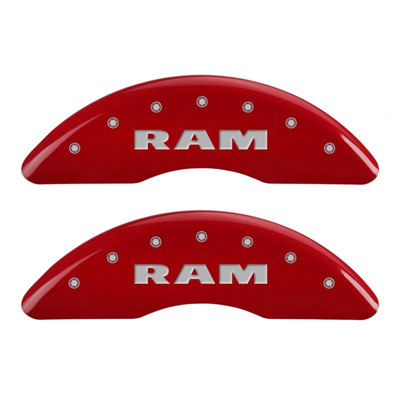 Load image into Gallery viewer, MGP 4 Caliper Covers Engraved Front &amp; Rear RAM Red finish silver ch

