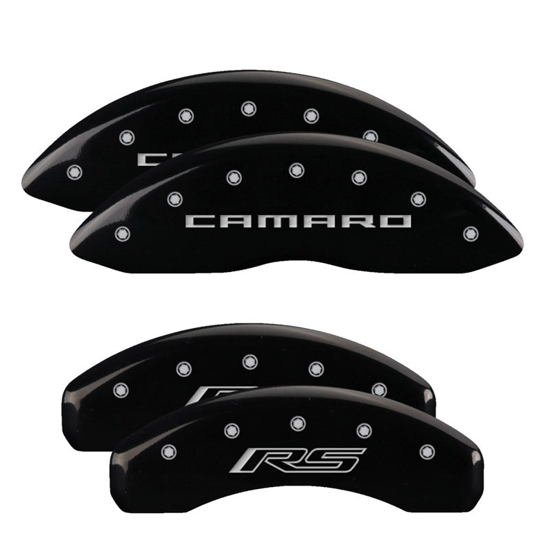Load image into Gallery viewer, MGP 4 Caliper Covers Engraved Front Gen 5/Camaro Engraved Rear Gen 5/RS Black finish silver ch
