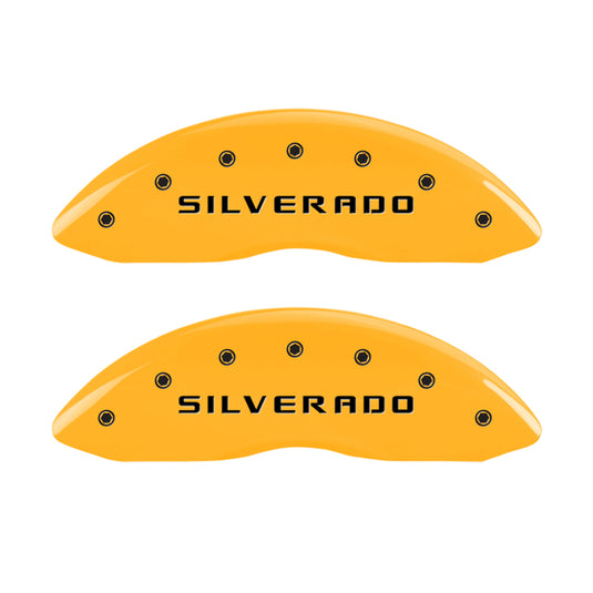 MGP 4 Caliper Covers Engraved Front & Rear Silverado Yellow finish black ch